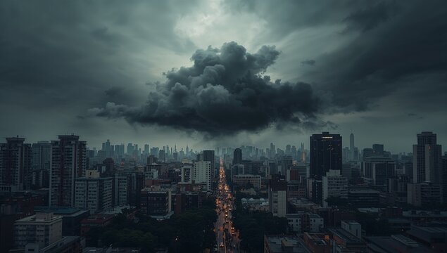 Dark Cloudy Sky Over Cityscape with Distant Urban Skyline