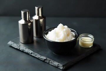 The Modern Gentleman s Grooming Sanctuary Premium Products Flat lay of sophisticated male grooming products arranged on a dark slate surface. Includes a sleek black ceramic shaving bowl with lather, a