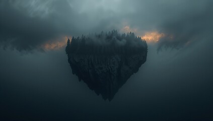 Floating Island Surrounded by Mist and Dark Clouds at Twilight