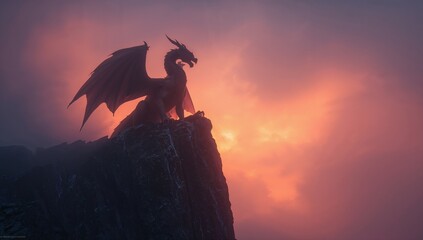 Majestic Dragon Silhouette Against Fiery Sunset Sky in Fantasy Scene