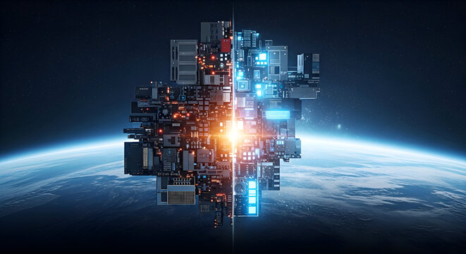 Futuristic technology hub hovering above Earth glows with innovation, a symbol of next-generation connectivity and global digital transformation - Powered by Adobe