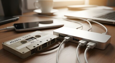 Close-up of a modern electronic device with multiple cables connected on a wooden desk, surrounded by a smartphone, laptop, and a cup in a well-lit workspace
