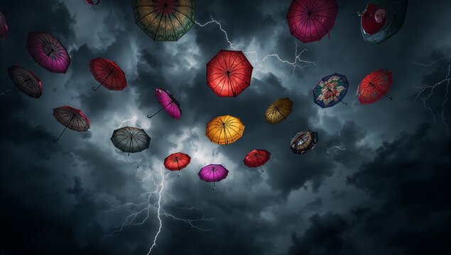 Colorful Umbrellas Floating in Stormy Sky with Lightning Strikes - Powered by Adobe