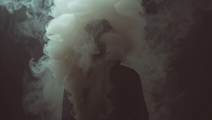 Mysterious Figure Enveloped in Ethereal White Smoke Clouds
