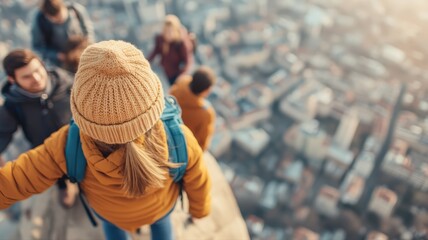 Young friends embark on adventurous hike uphill, reaching scenic summit with panoramic blurred cityscape view, symbolizing freedom and collective achievement.