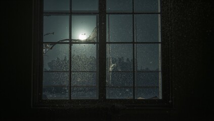Sunlight Reflection Through Dusty Window in Abandoned Room at Dusk