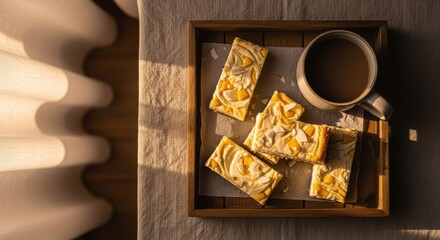 Overhead view of a rustic wooden tray filled with golden baked bars, possibly lemon or fruit bars, alongside a steaming mug of coffee, bathed in warm morning sunlight