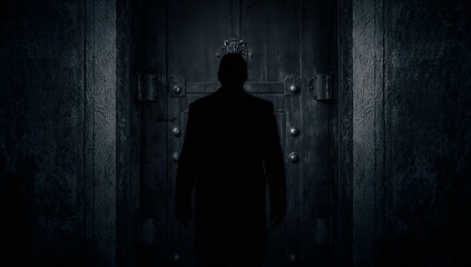 Dark Silhouette of a Man in Front of an Ancient Fortress Door
