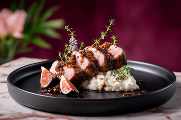 Exquisite pork tenderloin with fig and sauce, a culinary masterpiece for upscale dining and gourmet food presentations, perfect for restaurant menus