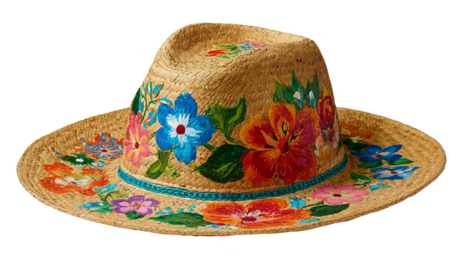 Hand Painted Straw Hat with Floral Design isolated on a transparent background