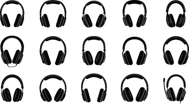 Headphone icon set, audio gear vector, over-ear headset collection, music accessory, sound equipment, tech illustration, black, blue