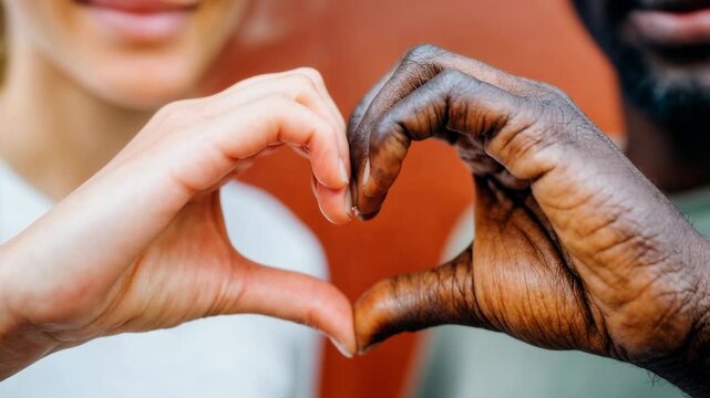 Close‑up of two people forming a heart shape with their hands, unity, love and inclusivity expressed through simple gesture and warm skin tones