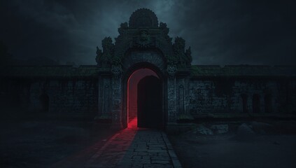 Mysterious Ancient Doorway Shrouded in Fog and Dim Light