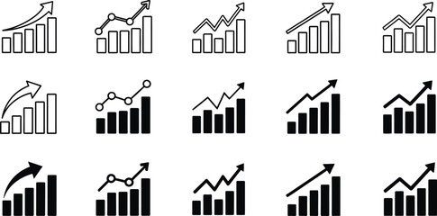 Collection of hand drawn bar graphs illustrating upward trends and growth in business and finance