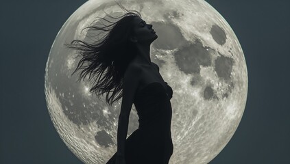 Silhouette of Woman Against Majestic Full Moon in Night Sky