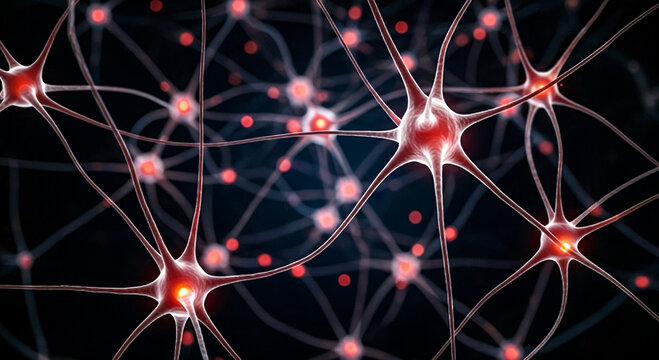 A detailed digital illustration showing interconnected neural nodes resembling synapses, symbolizing AI and brain networks. Glowing red connections.
