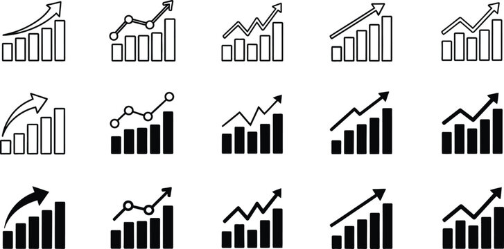 Collection of hand drawn bar graphs illustrating upward trends and growth in business and finance