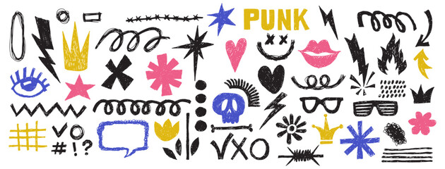 A collection of various quirky and vibrant punk style symbols and elements, perfect for design and decoration. The image is filled with an array of unique doodles and drawings