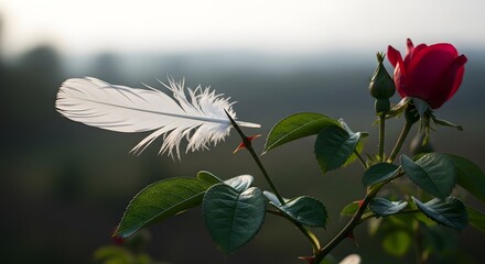 A delicate white feather resting on the vibrant green leaves of a blooming pink rose plant during daylight hours