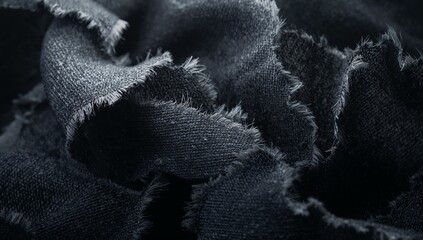 Close-Up of Textured Black Denim Fabric with Frayed Edges and Shadows