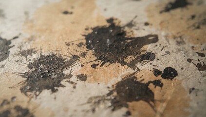 Abstract Black Ink Splatter on Brown Textured Background Surface