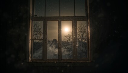 Moonlit Nightview Through Old Window with Snowy Landscape Outside
