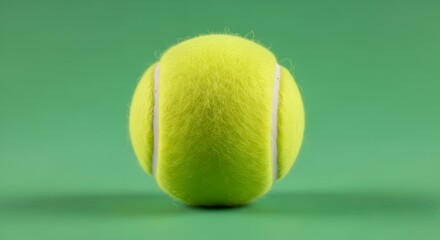 Close-up of a bright yellow tennis ball with a fuzzy texture against a solid green background