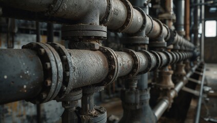 Industrial Pipe System in Abandoned Factory with Rusty Surfaces