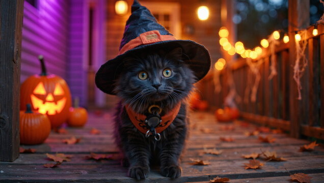 Ulubiony pupil w święto halloween. doskonały str&oacute;j, characteryzacja i świąteczna sceneria. Ulubione zwiarzątko w przebraniu.