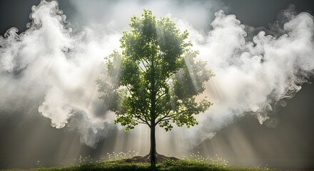 A vibrant green tree standing tall on a grassy hill with sunlight streaming through the branches and a dramatic cloudy sky in the background