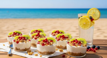 A refreshing assortment of individual cheesecakes topped with berries and kiwi, served on a beach with a glass of lemonade, evoking a perfect summer vacation vibe