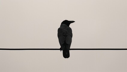 Black Bird Silhouetted Against Soft Grey Sky on Power Line