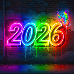 Vibrant neon 2026 numbers dripping paint against a grungy brick wall silhouette