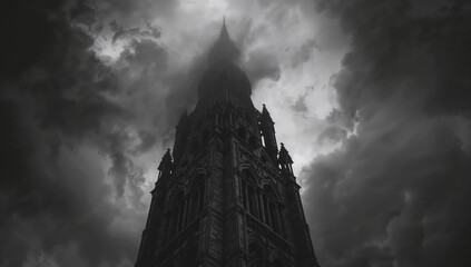 Dark Gothic Tower Against Dramatic Stormy Clouds in Monochrome