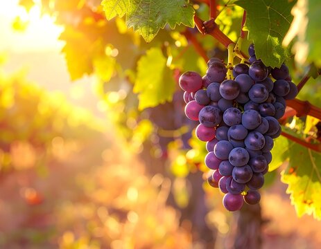 Close-up of a bunch of ripe, dark purple grapes hanging on a vine, bathed in warm, golden sunlight. The leaves are vibrant green - Powered by Adobe