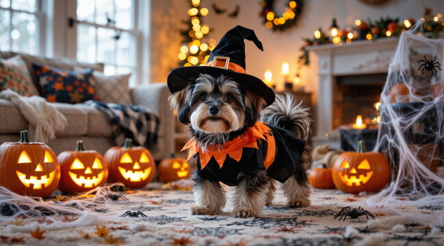 Ulubiony pupil w święto halloween. doskonały str&oacute;j, characteryzacja i świąteczna sceneria. Ulubione zwiarzątko w przebraniu.