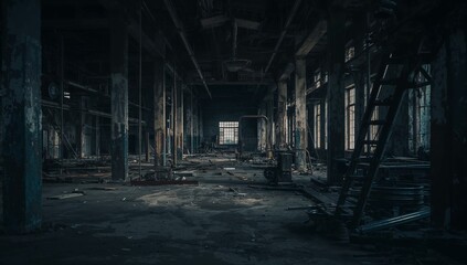 Abandoned Industrial Warehouse Interior with Dim Lighting and Debris