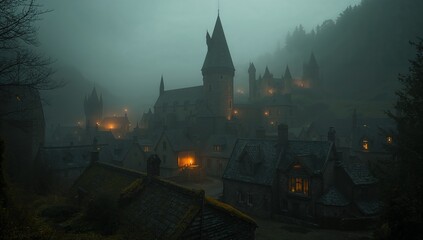 Enchanted Village at Dusk with Misty Atmosphere and Dim Lights