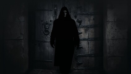 Mysterious Hooded Figure in Dark Setting with Ancient Door