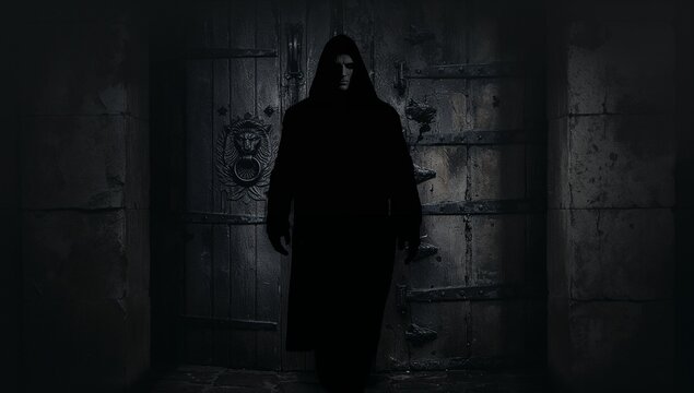 Mysterious Hooded Figure in Dark Setting with Ancient Door