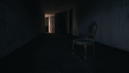 Mysterious Dark Hallway with Old Chair and Open Doorway
