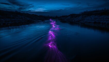 Mystical Purple Light Trails Reflecting on Calm River at Twilight