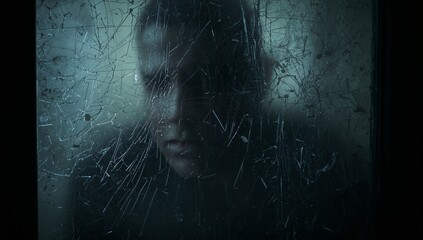 Emotionally Charged Portrait Behind Broken Glass with Dramatic Lighting