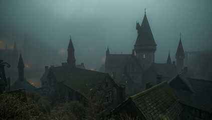 Mysterious Foggy Village with Gothic Architecture in Soft Lighting