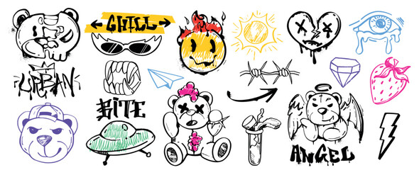 A collection of creative illustration artwork, including bear, sun, diamond, heart, eyes, cloud and more 