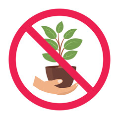 No houseplant prohibited sign, forbidden sign with potted plant icon, no plants sign, do not grow plant, red crossed circle symbol, vector illustration