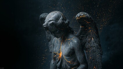 Ethereal Angel Sculpture with Fiery Cracks on Dark Background