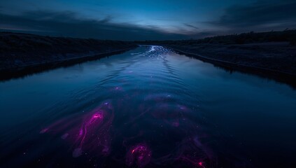 Ethereal Evening River Scene with Glowing Jellyfish Illumination
