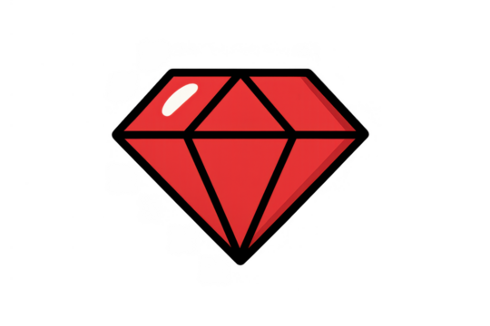 Red cartoon diamond vector icon representing wealth, treasure, and value, with transparent background