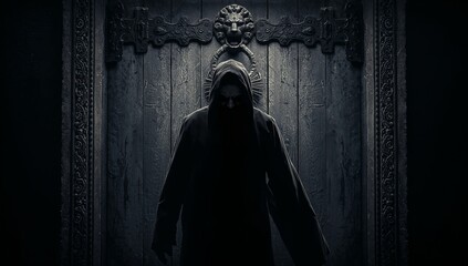 Mysterious Figure in Dark Cloak Near Ancient Ornate Doorway